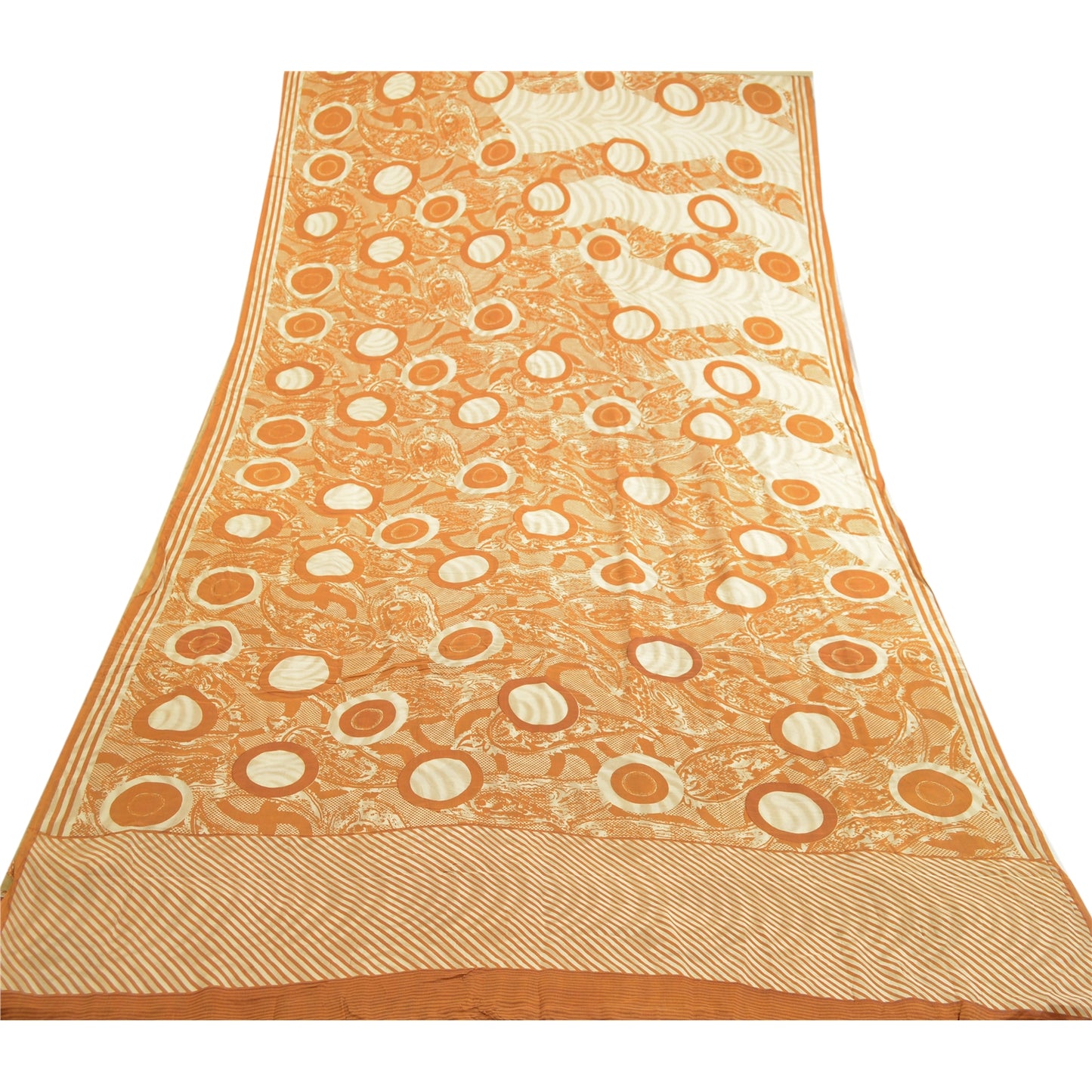 Sanskriti Vintage Sarees Ivory Indian Pure Crepe Silk Printed Sari Craft Sustainable Fabric