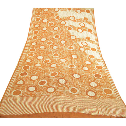 Sanskriti Vintage Sarees Ivory Indian Pure Crepe Silk Printed Sari Craft Sustainable Fabric