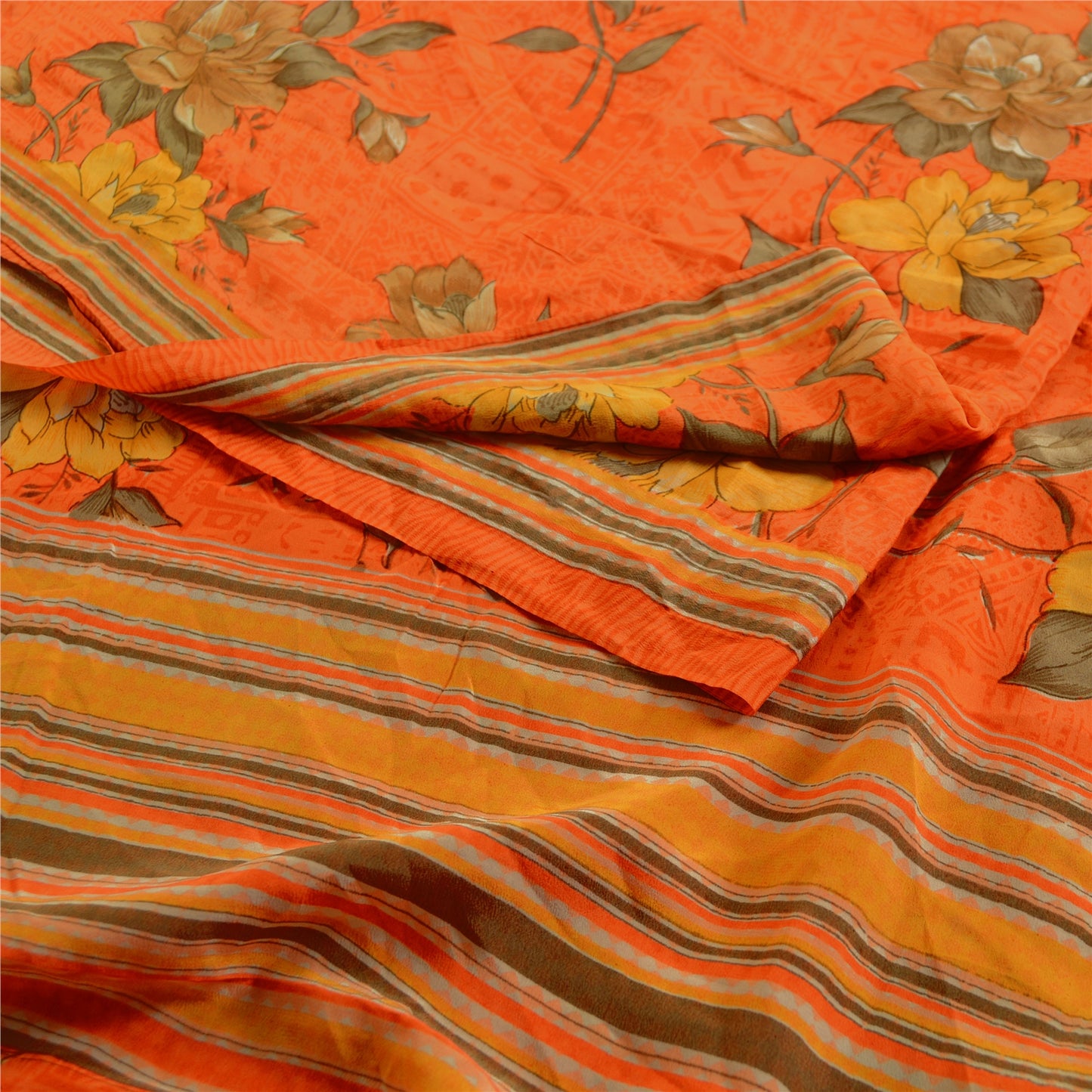 Sanskriti Vintage Sarees Orange Indian Pure Crepe Silk Printed Sari Craft Sustainable Fabric