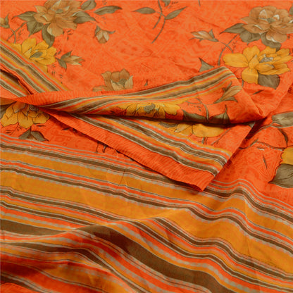 Sanskriti Vintage Sarees Orange Indian Pure Crepe Silk Printed Sari Craft Sustainable Fabric