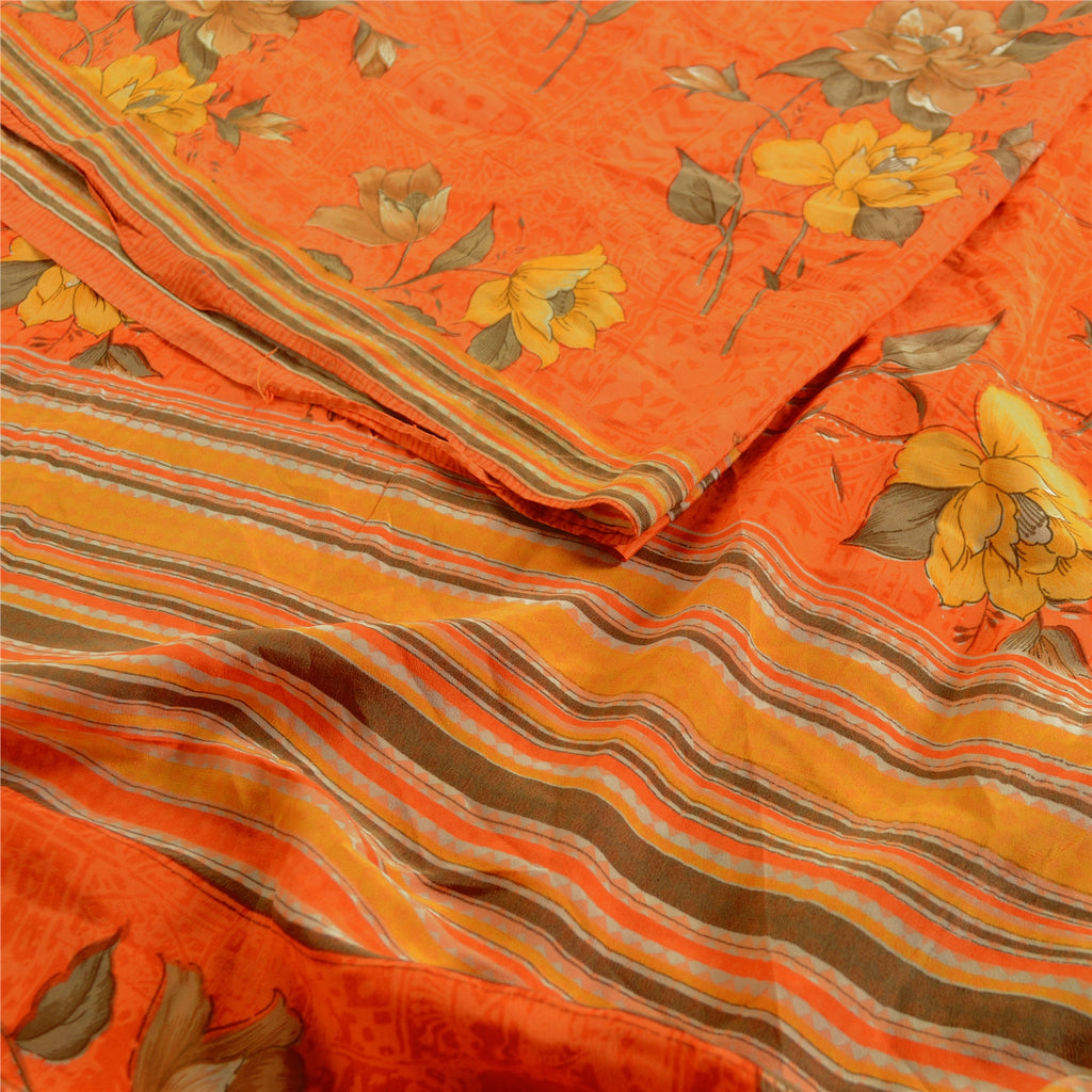 Sanskriti Vintage Sarees Orange Indian Pure Crepe Silk Printed Sari Craft Sustainable Fabric