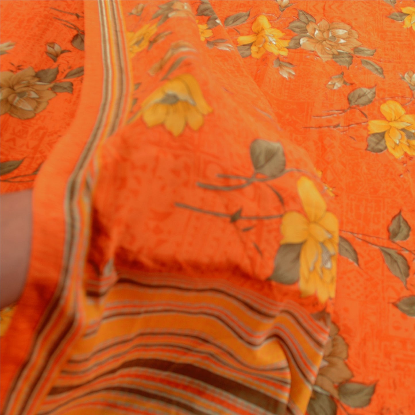 Sanskriti Vintage Sarees Orange Indian Pure Crepe Silk Printed Sari Craft Sustainable Fabric