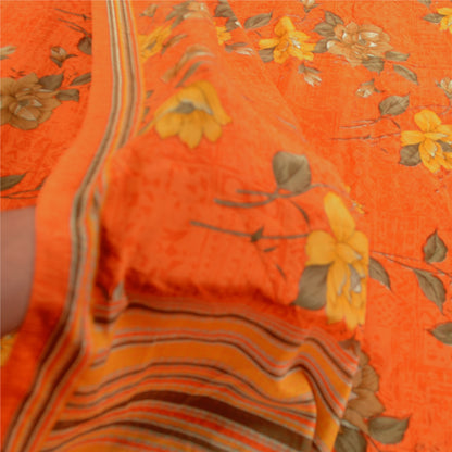 Sanskriti Vintage Sarees Orange Indian Pure Crepe Silk Printed Sari Craft Sustainable Fabric