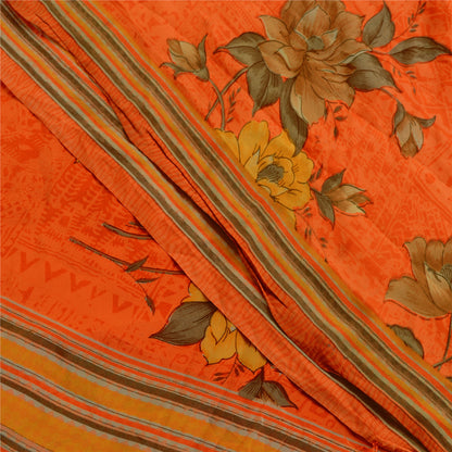 Sanskriti Vintage Sarees Orange Indian Pure Crepe Silk Printed Sari Craft Sustainable Fabric