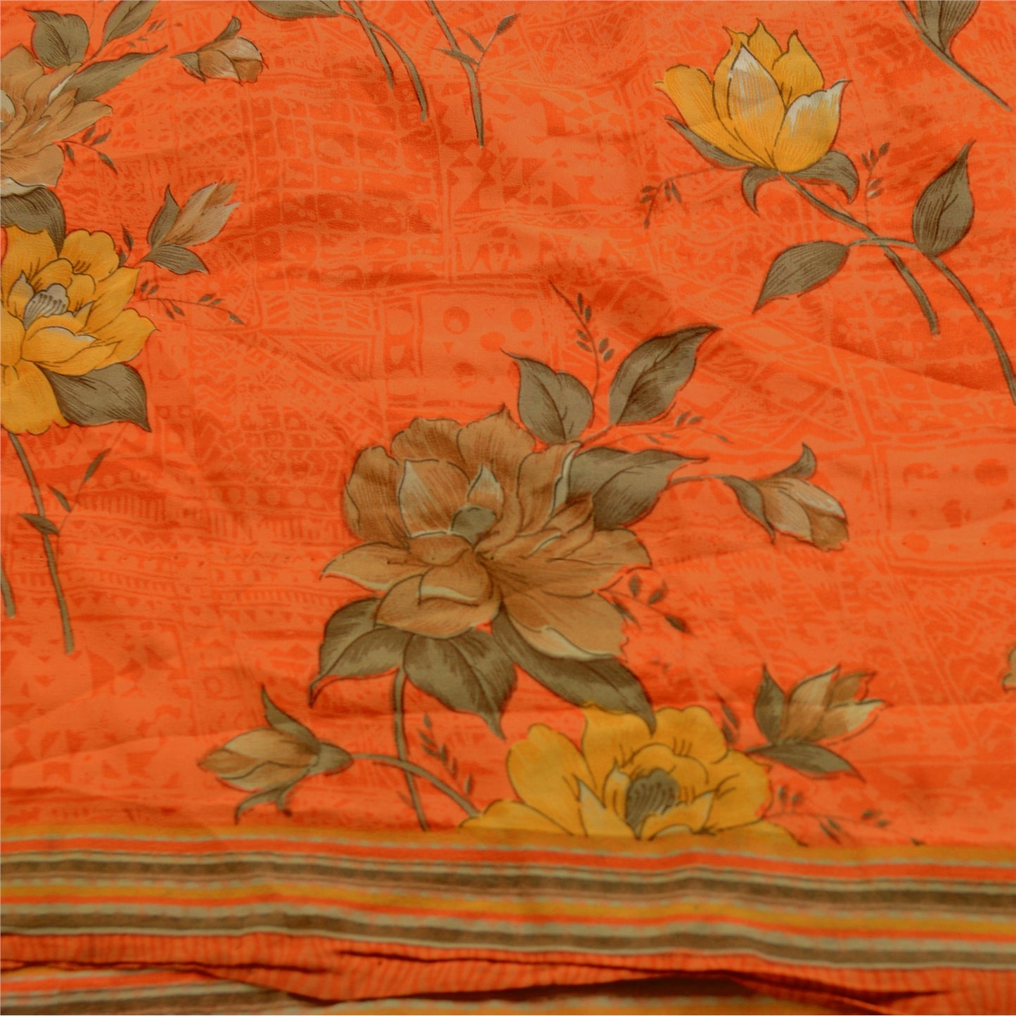 Sanskriti Vintage Sarees Orange Indian Pure Crepe Silk Printed Sari Craft Sustainable Fabric