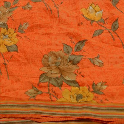 Sanskriti Vintage Sarees Orange Indian Pure Crepe Silk Printed Sari Craft Sustainable Fabric