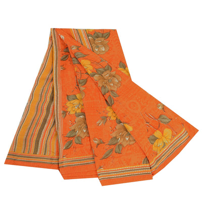 Sanskriti Vintage Sarees Orange Indian Pure Crepe Silk Printed Sari Craft Sustainable Fabric