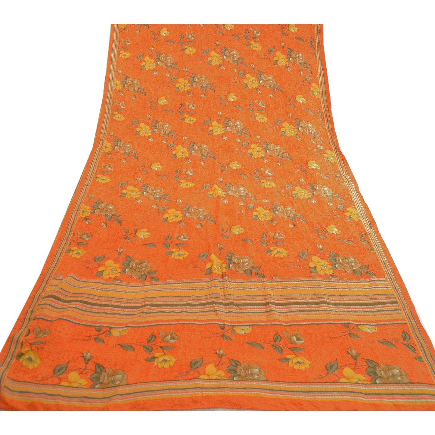Sanskriti Vintage Sarees Orange Indian Pure Crepe Silk Printed Sari Craft Sustainable Fabric