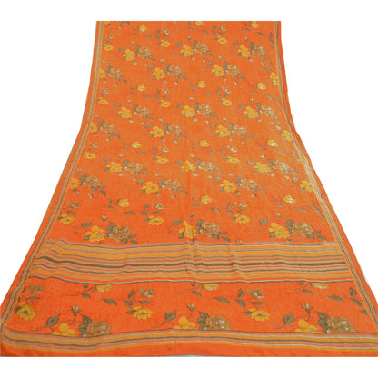 Sanskriti Vintage Sarees Orange Indian Pure Crepe Silk Printed Sari Craft Sustainable Fabric