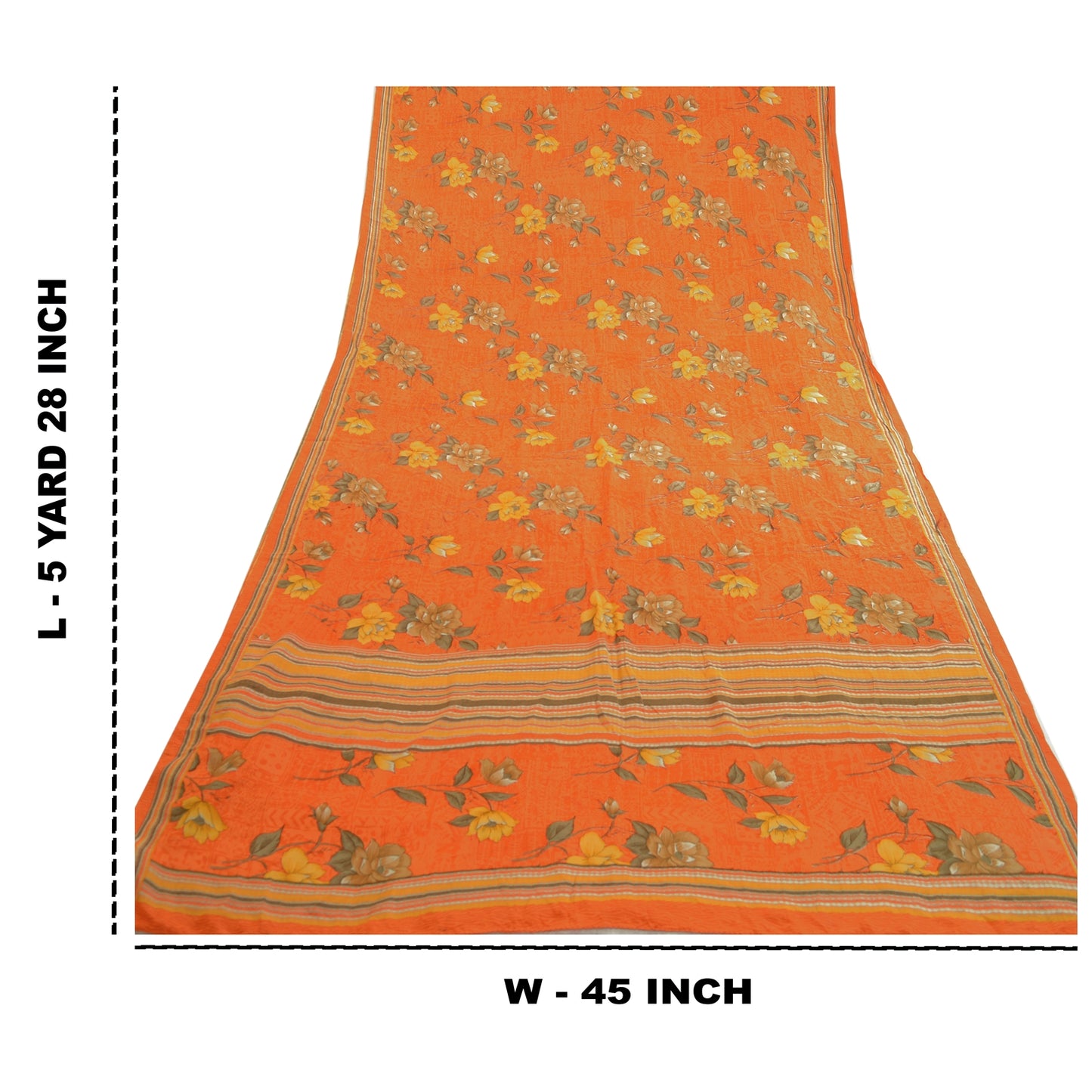 Sanskriti Vintage Sarees Orange Indian Pure Crepe Silk Printed Sari Craft Sustainable Fabric