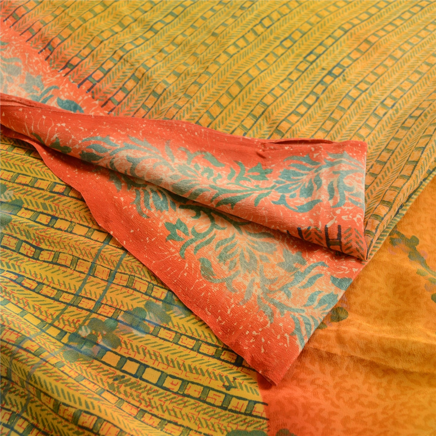 Sanskriti Vintage Sarees Yellow Indian Pure Crepe Silk Printed Sari Craft Sustainable Fabric