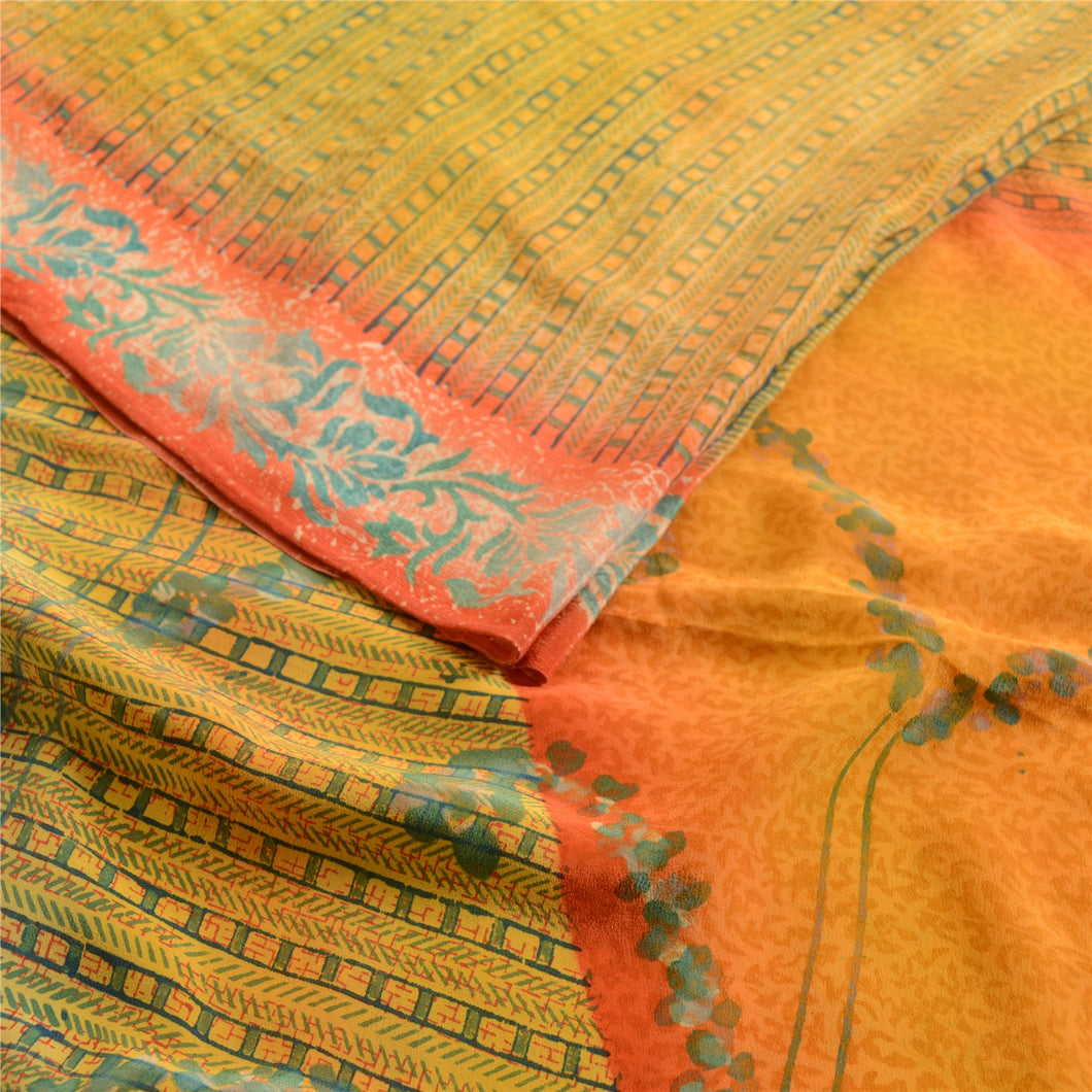 Sanskriti Vintage Sarees Yellow Indian Pure Crepe Silk Printed Sari Craft Fabric