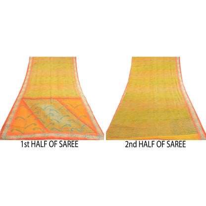 Sanskriti Vintage Sarees Yellow Indian Pure Crepe Silk Printed Sari Craft Sustainable Fabric