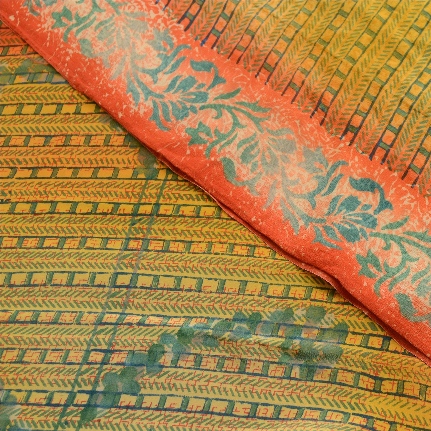 Sanskriti Vintage Sarees Yellow Indian Pure Crepe Silk Printed Sari Craft Sustainable Fabric