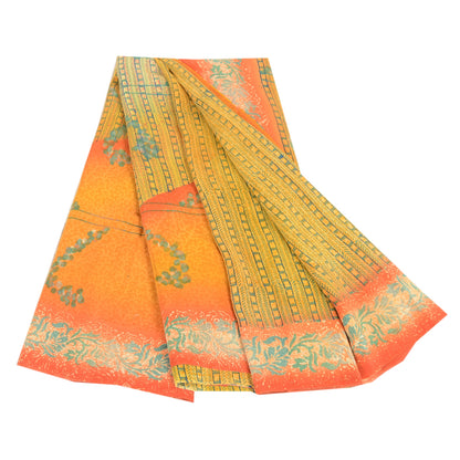 Sanskriti Vintage Sarees Yellow Indian Pure Crepe Silk Printed Sari Craft Sustainable Fabric