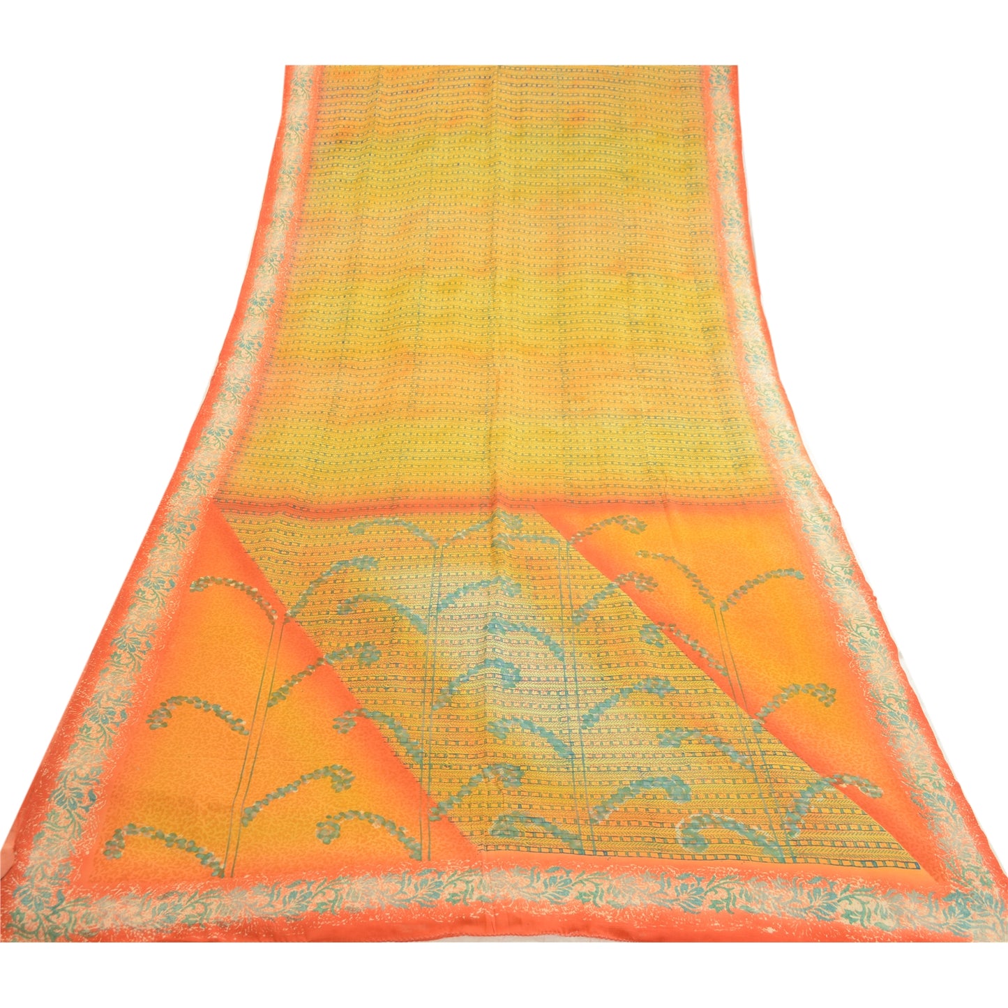 Sanskriti Vintage Sarees Yellow Indian Pure Crepe Silk Printed Sari Craft Sustainable Fabric