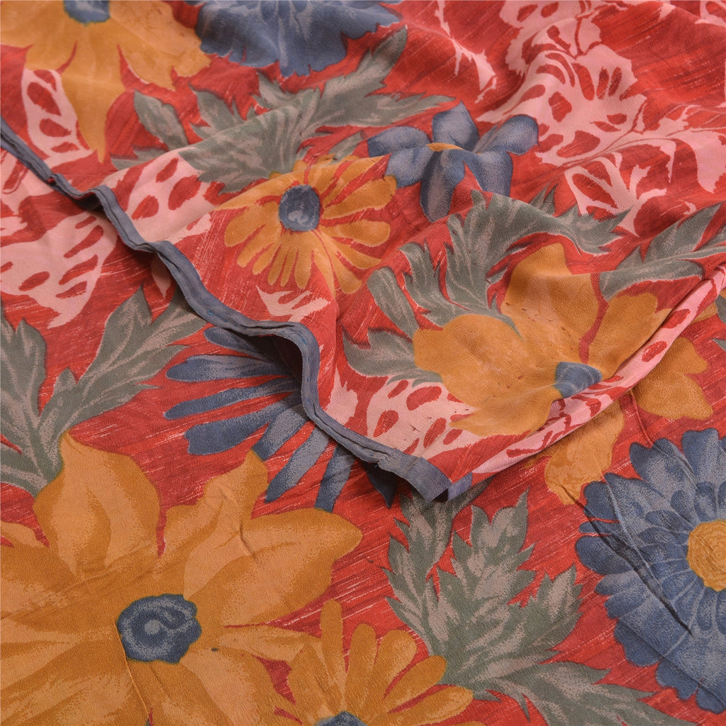 Санскритские винтажные сари красного цвета из Индии с принтом из чистого крепированного шелка, сари из экологически чистой ткани