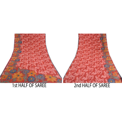 Санскритские винтажные сари красного цвета из Индии с принтом из чистого крепированного шелка, сари из экологически чистой ткани