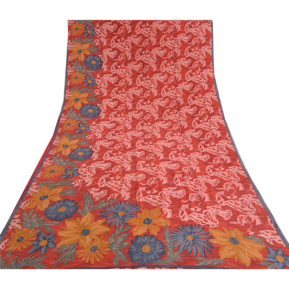 Санскритские винтажные сари красного цвета из Индии с принтом из чистого крепированного шелка, сари из экологически чистой ткани