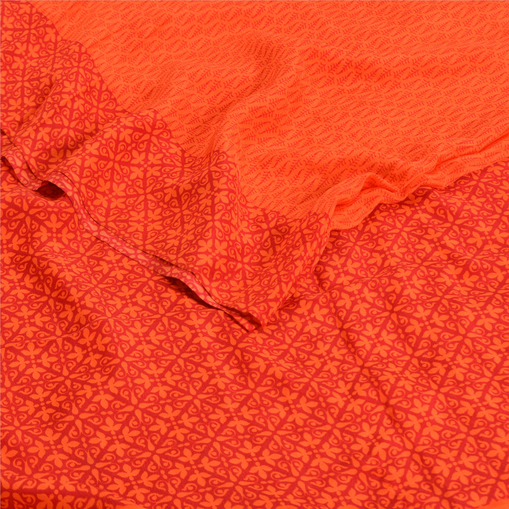 Sanskriti Vintage Sarees Indian Orange Pure Crepe Silk Sari Printed Craft Sustainable Fabric