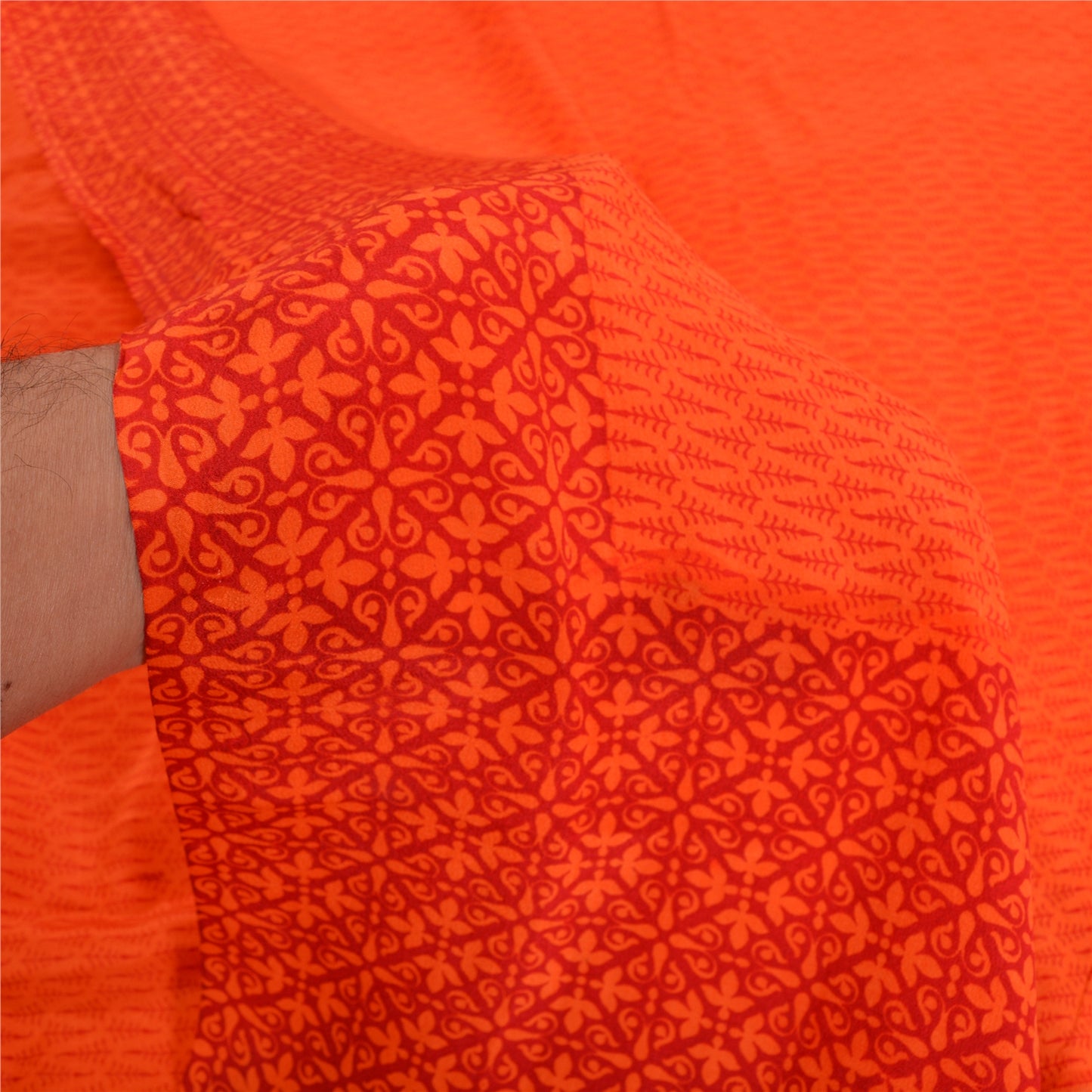 Sanskriti Vintage Sarees Indian Orange Pure Crepe Silk Sari Printed Craft Sustainable Fabric