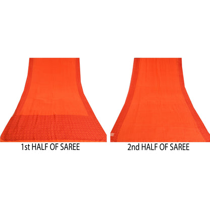 Sanskriti Vintage Sarees Indian Orange Pure Crepe Silk Sari Printed Craft Sustainable Fabric