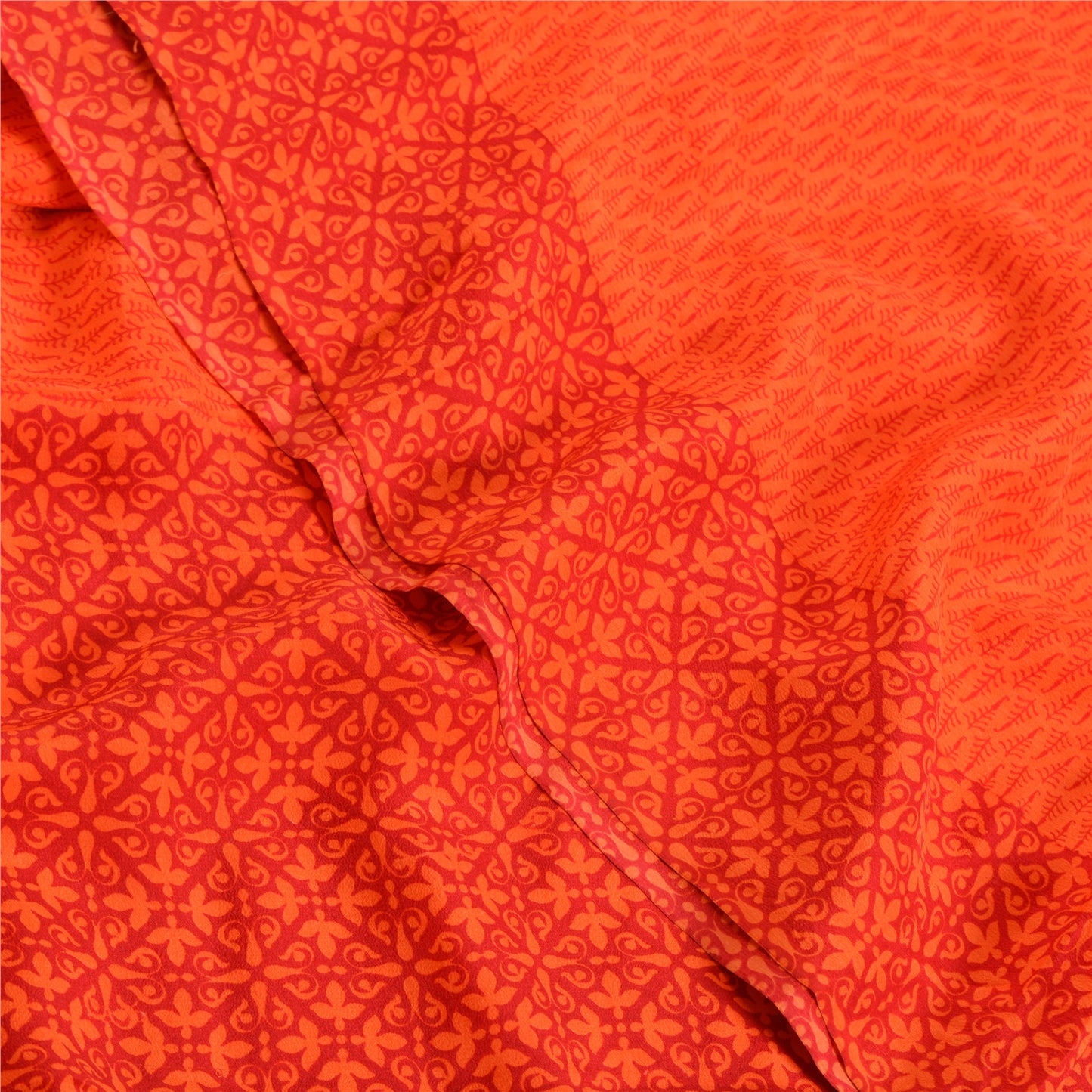 Sanskriti Vintage Sarees Indian Orange Pure Crepe Silk Sari Printed Craft Sustainable Fabric