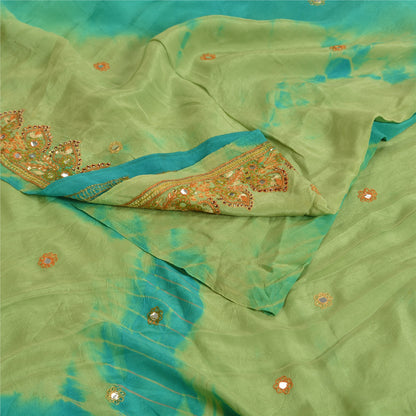 Sanskriti Vintage Sarees Green Tie-Dye Hand Beaded Pure Crepe Silk Sari Sustainable Fabric