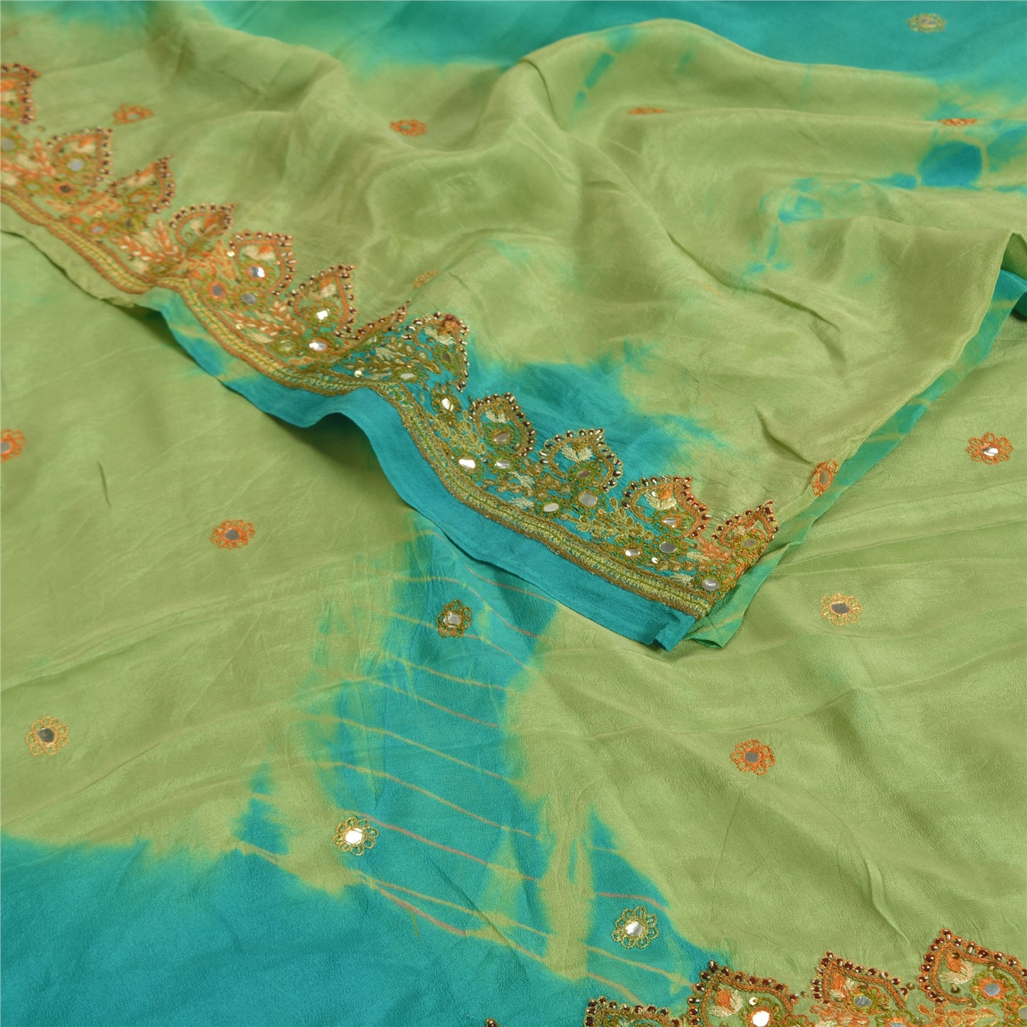 Sanskriti Vintage Sarees Green Tie-Dye Hand Beaded Pure Crepe Silk Sari Sustainable Fabric