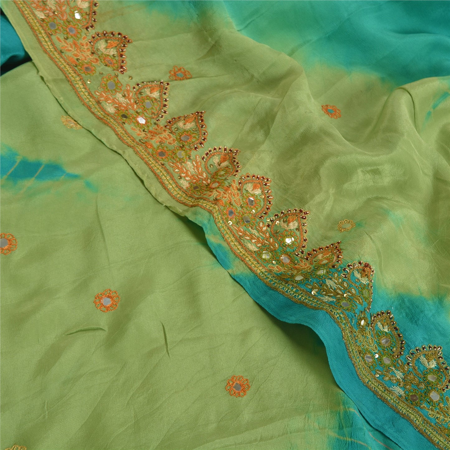 Sanskriti Vintage Sarees Green Tie-Dye Hand Beaded Pure Crepe Silk Sari Sustainable Fabric