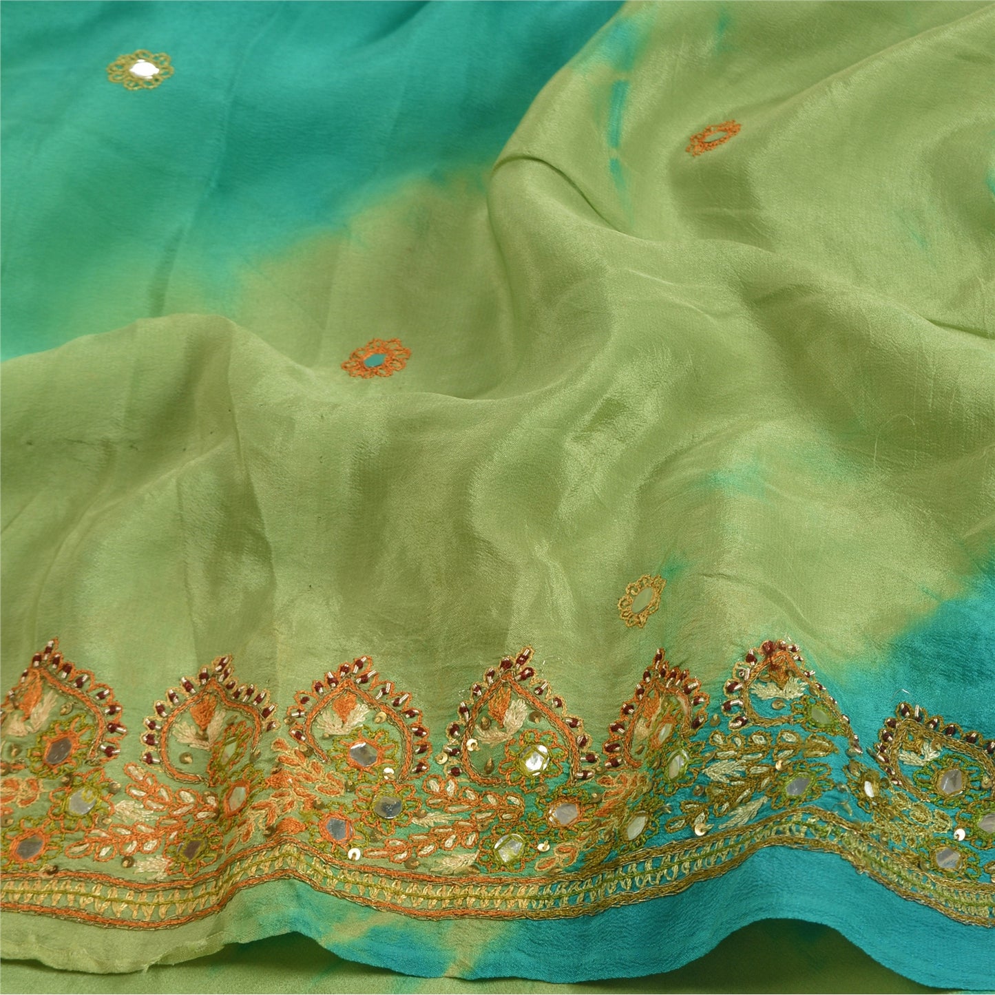 Sanskriti Vintage Sarees Green Tie-Dye Hand Beaded Pure Crepe Silk Sari Sustainable Fabric