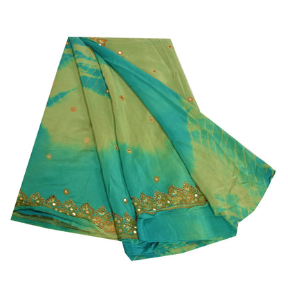 Sanskriti Vintage Sarees Green Tie-Dye Hand Beaded Pure Crepe Silk Sari Sustainable Fabric