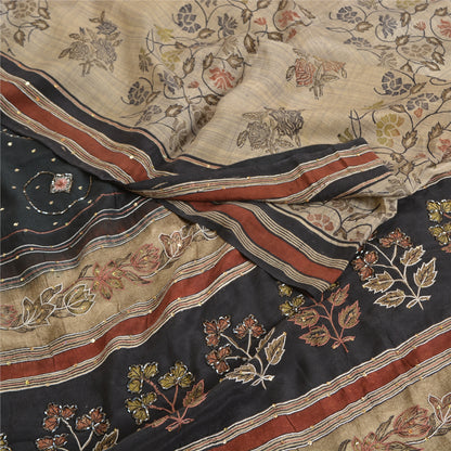 Sanskriti Vintage Sarees Ivory Hand Beaded Pure Crepe Silk Printed Sari Sustainable Fabric