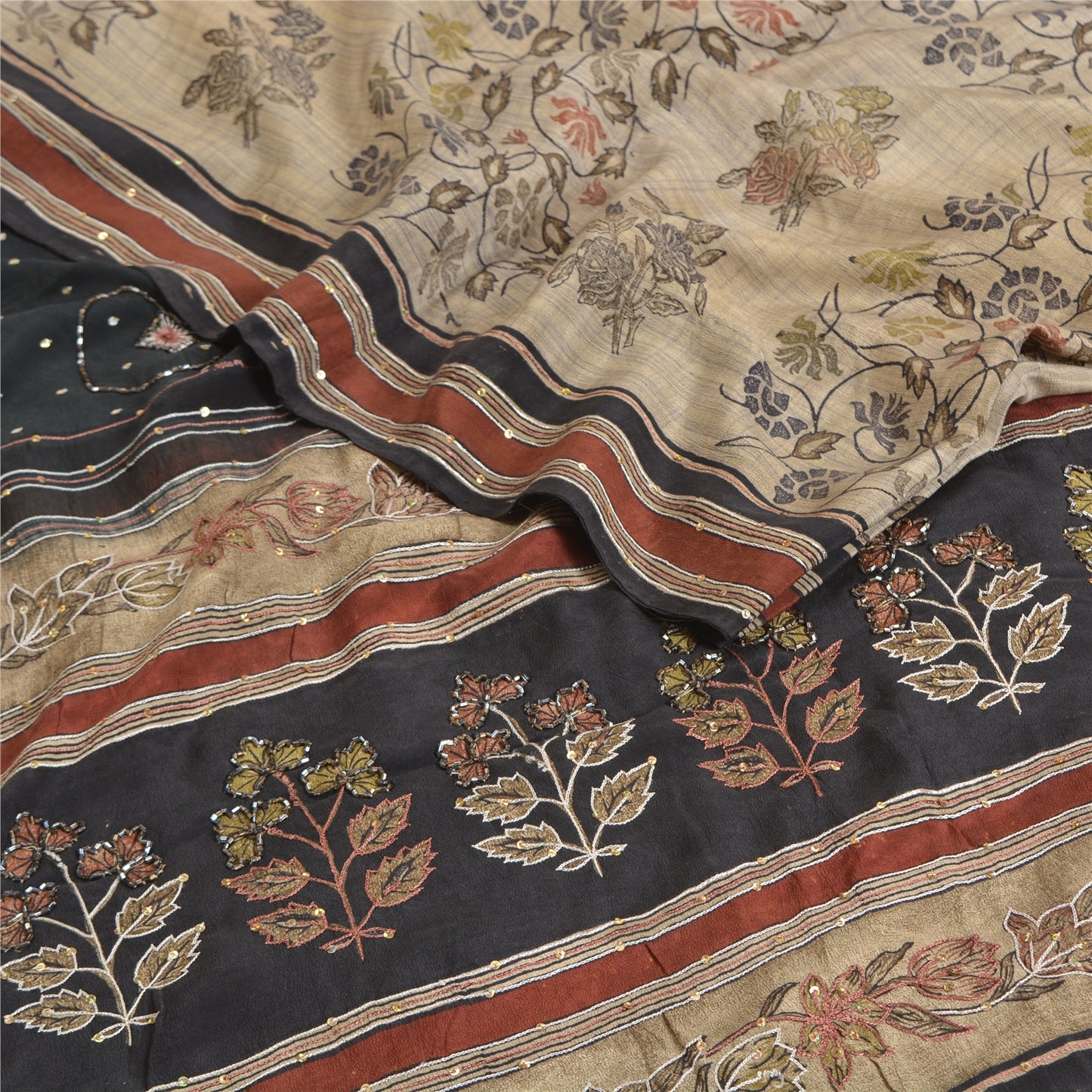 Sanskriti Vintage Sarees Ivory Hand Beaded Pure Crepe Silk Printed Sari Sustainable Fabric