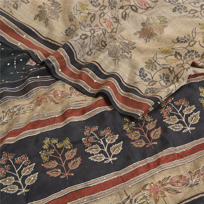 Sanskriti Vintage Sarees Ivory Hand Beaded Pure Crepe Silk Printed Sari Sustainable Fabric