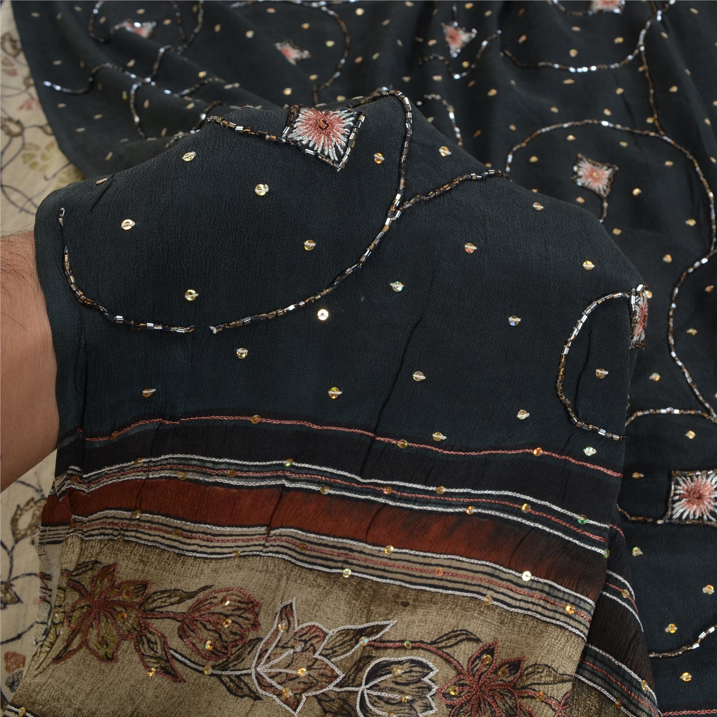 Sanskriti Vintage Sarees Ivory Hand Beaded Pure Crepe Silk Printed Sari Sustainable Fabric