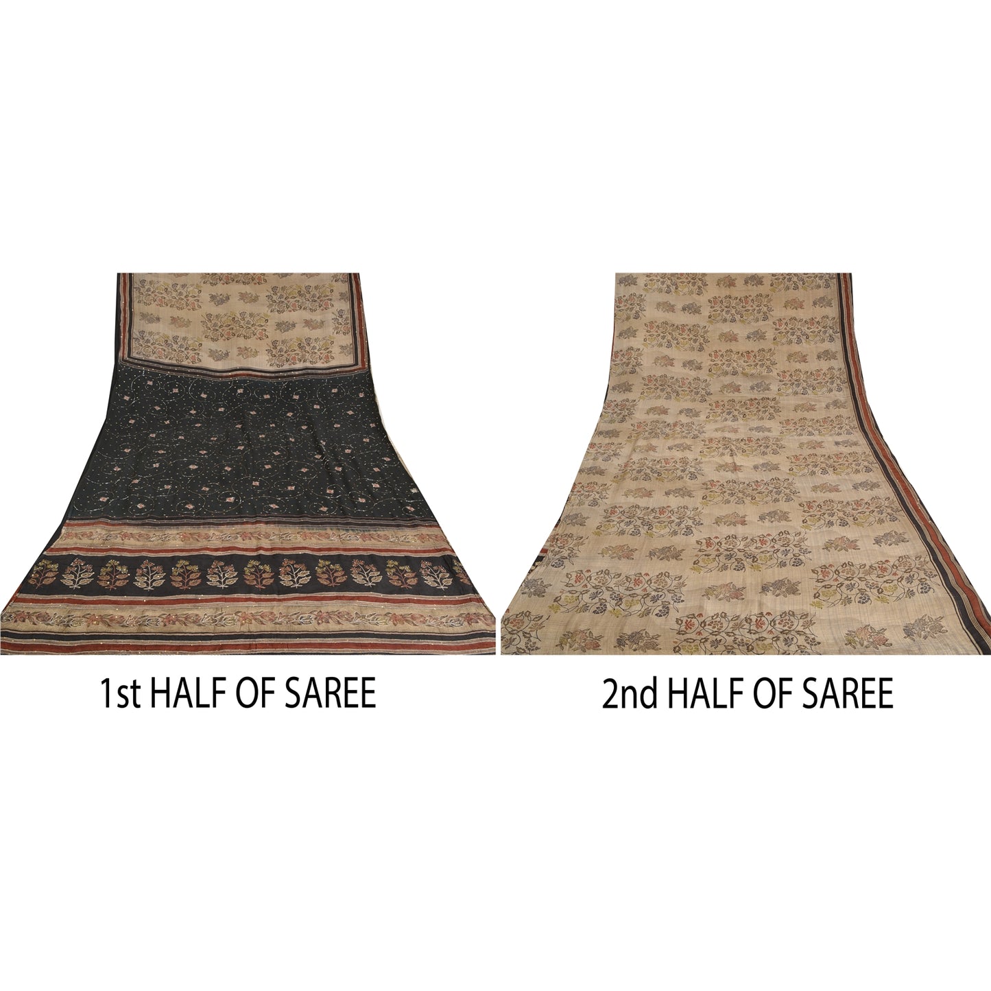 Sanskriti Vintage Sarees Ivory Hand Beaded Pure Crepe Silk Printed Sari Sustainable Fabric