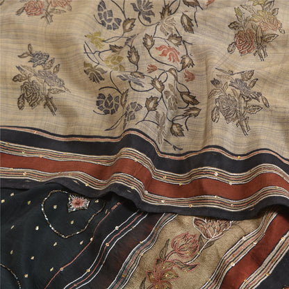 Sanskriti Vintage Sarees Ivory Hand Beaded Pure Crepe Silk Printed Sari Sustainable Fabric