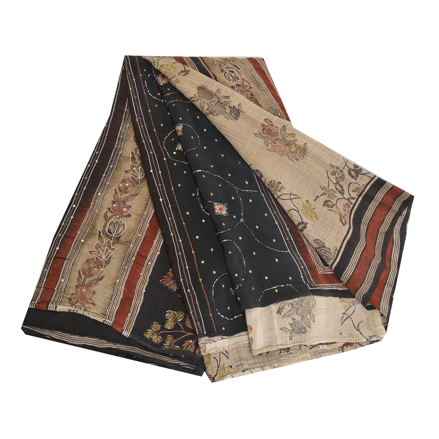 Sanskriti Vintage Sarees Ivory Hand Beaded Pure Crepe Silk Printed Sari Sustainable Fabric