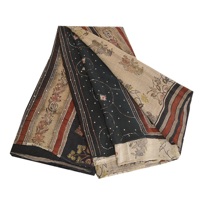 Sanskriti Vintage Sarees Ivory Hand Beaded Pure Crepe Silk Printed Sari Sustainable Fabric