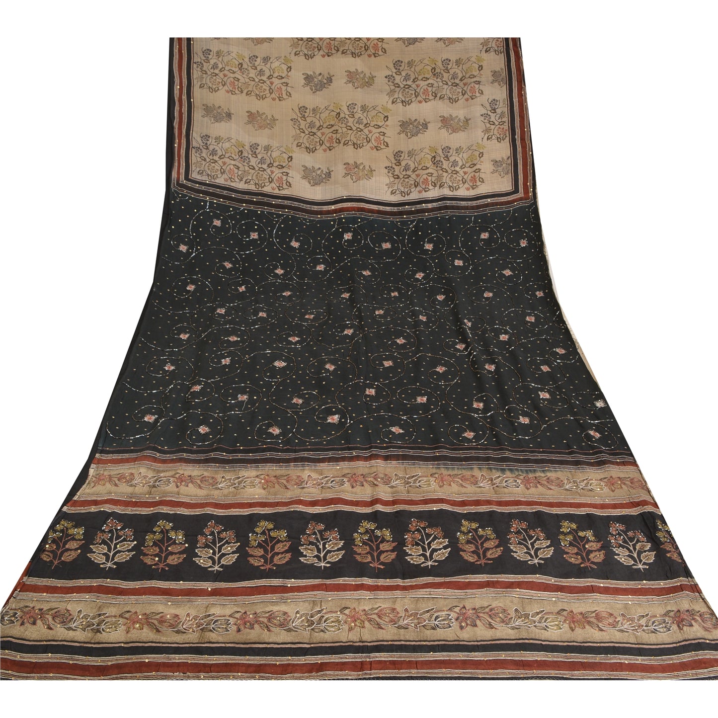 Sanskriti Vintage Sarees Ivory Hand Beaded Pure Crepe Silk Printed Sari Sustainable Fabric