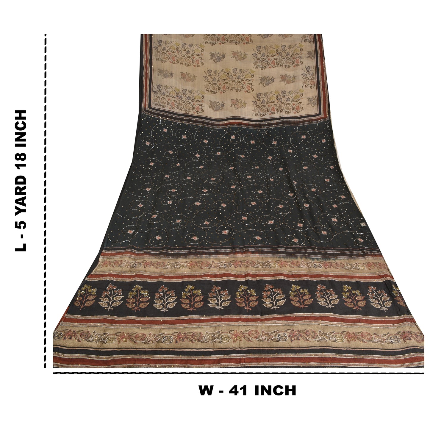 Sanskriti Vintage Sarees Ivory Hand Beaded Pure Crepe Silk Printed Sari Sustainable Fabric