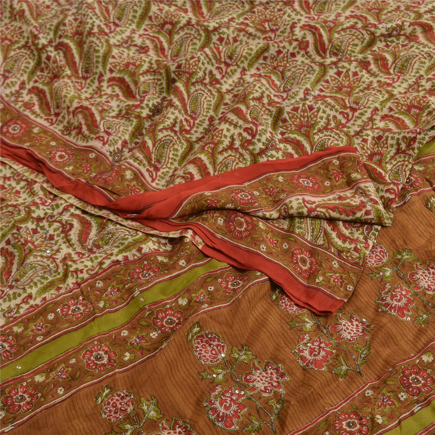 Sanskriti Vintage Sarees Multi Hand Beaded Pure Crepe Silk Printed Sari Sustainable Fabric