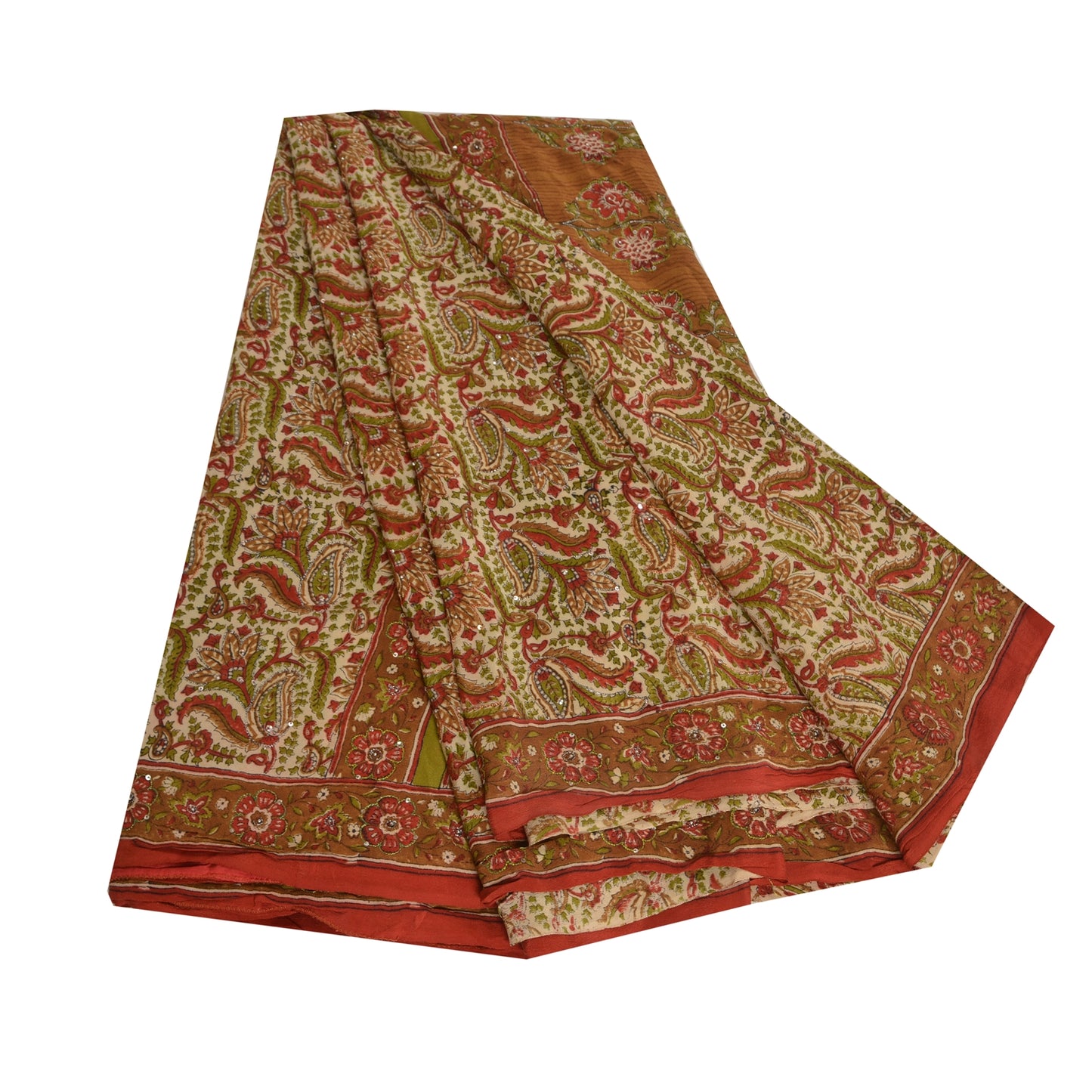 Sanskriti Vintage Sarees Multi Hand Beaded Pure Crepe Silk Printed Sari Sustainable Fabric