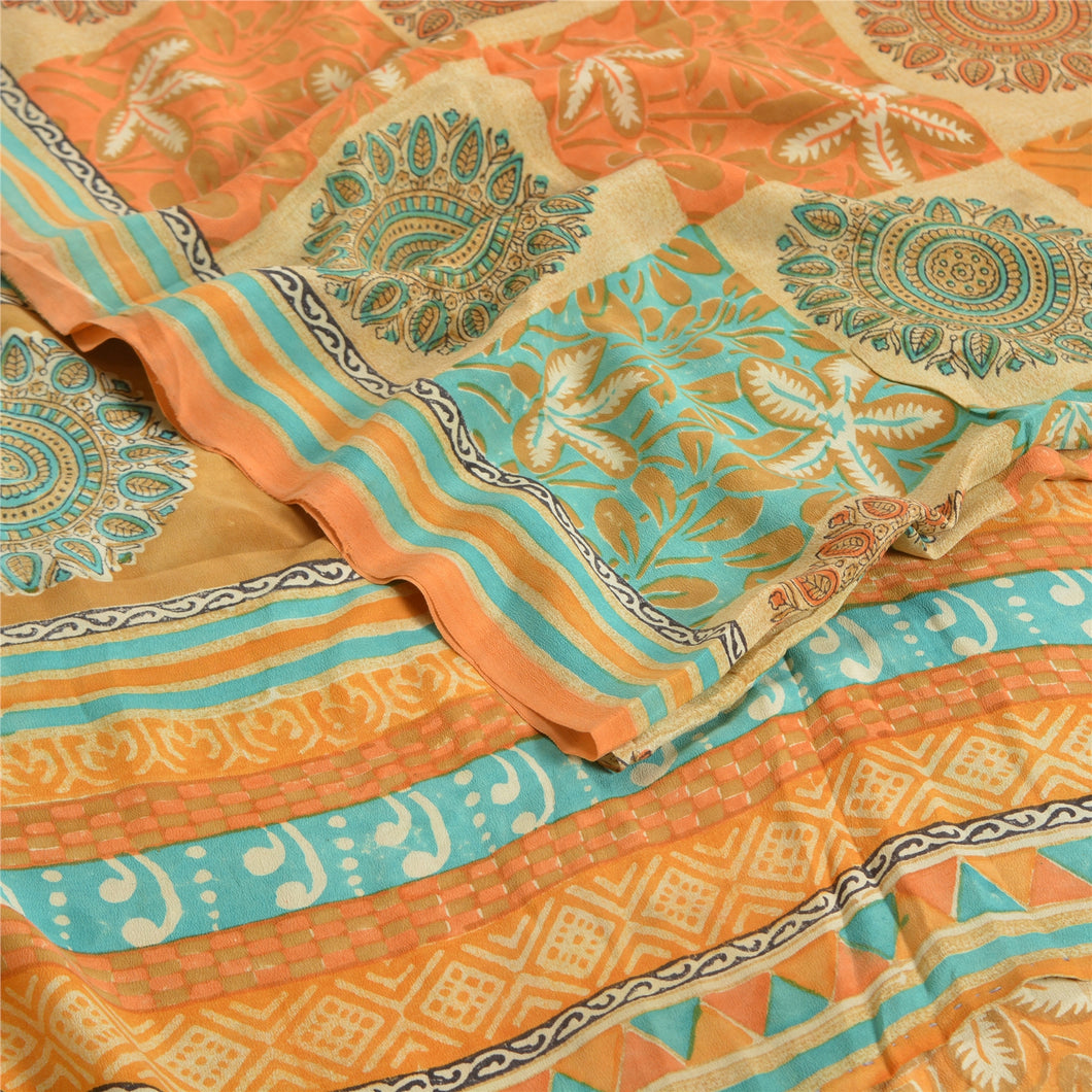 Sanskriti Vintage Sarees Indian Multi Pure Crepe Silk Printed Sari Craft Fabric