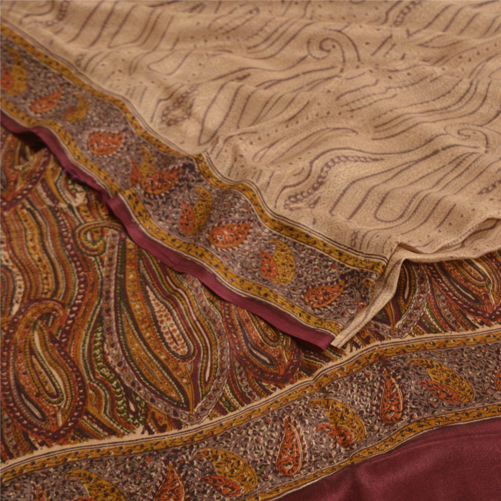 Sanskriti Vintage Sarees Light-Brown Pure Crepe Silk Printed Sari Craft Sustainable Fabric