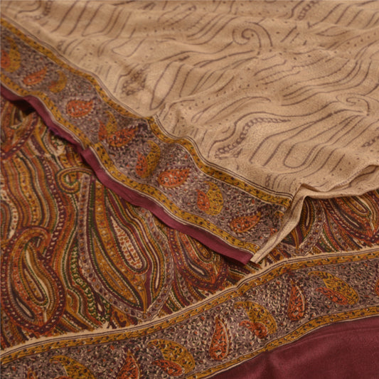 Санскритские винтажные сари светло-коричневый чистый креп шелк набивной сари ремесло устойчивая ткань