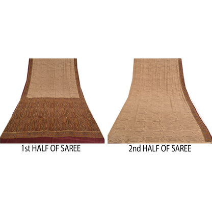 Sanskriti Vintage Sarees Light-Brown Pure Crepe Silk Printed Sari Craft Sustainable Fabric