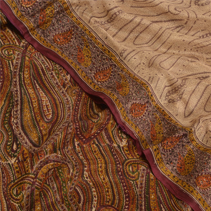 Sanskriti Vintage Sarees Light-Brown Pure Crepe Silk Printed Sari Craft Sustainable Fabric