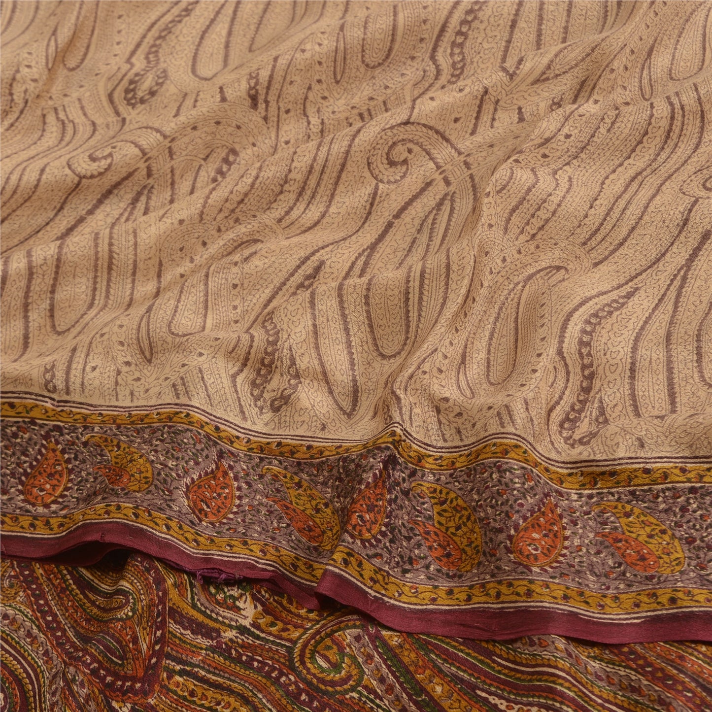 Sanskriti Vintage Sarees Light-Brown Pure Crepe Silk Printed Sari Craft Sustainable Fabric